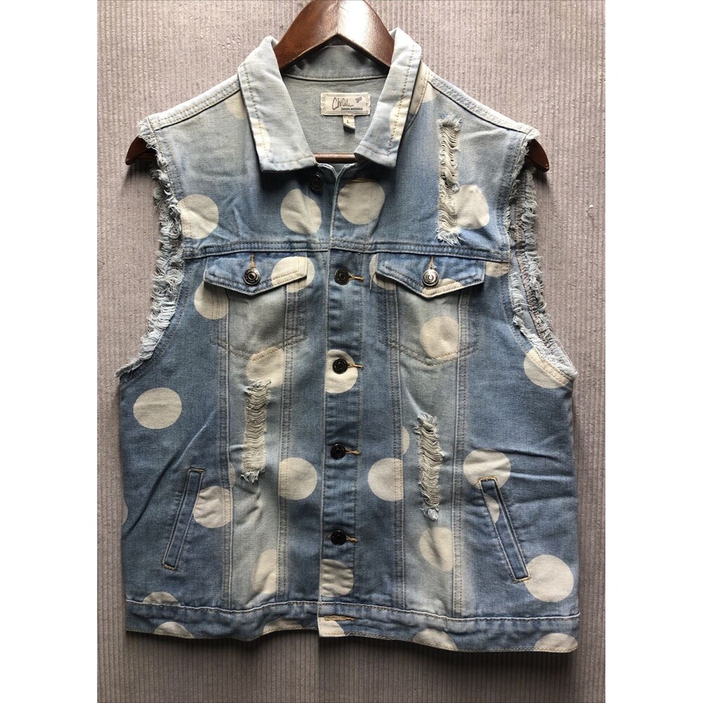 Chi Ole Jean Vest Womens Large Distressed Polka Dot Whimsical Artwear Lagenlook